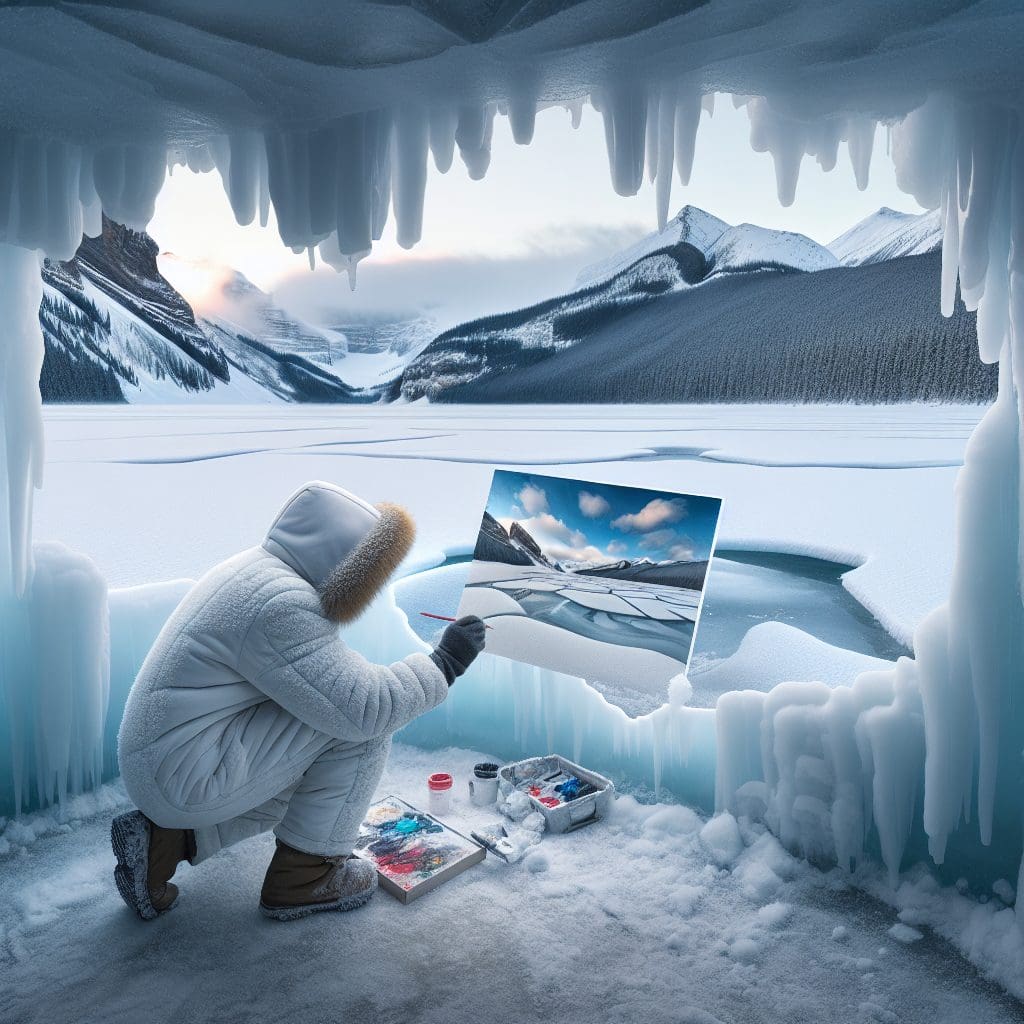 Artist transforms frozen lake in Alberta into a creative canvas.